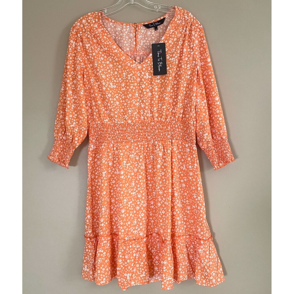 TimeToBloom Womens Prairie Dress Size M Orange Flower Print Knee Length Smocked